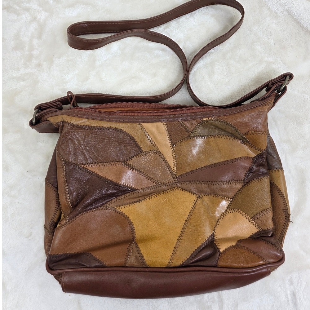 Vintage Patchwork Leather Crossbody Bag Brown Boho Multi Pocket Shoulder Purse